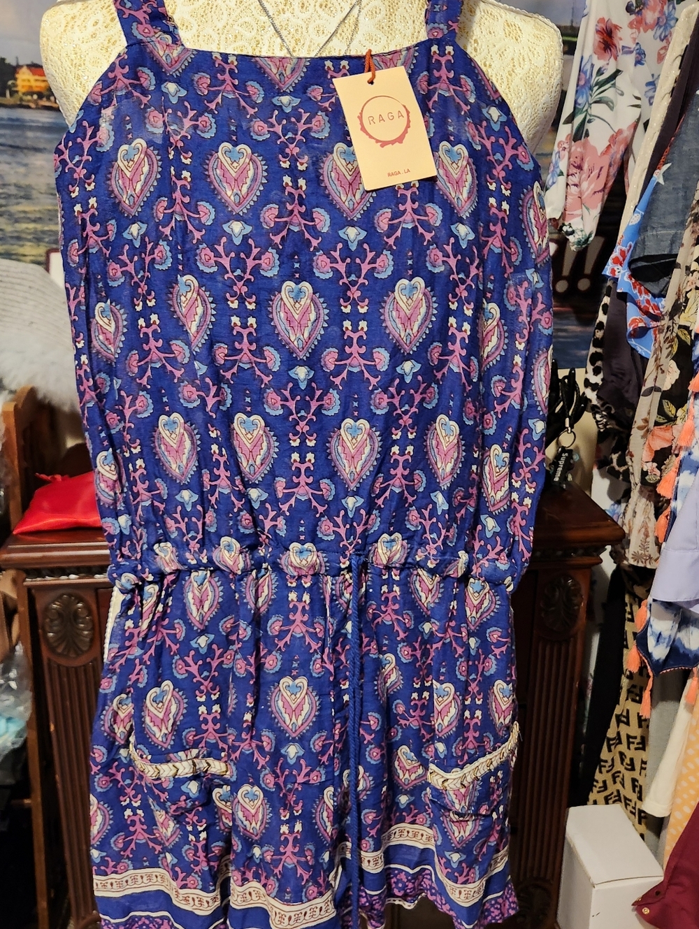 ☆SALE NWT RAGA SIZE XS Navy Blue Mini Dress with Pink Light Blue Paisley